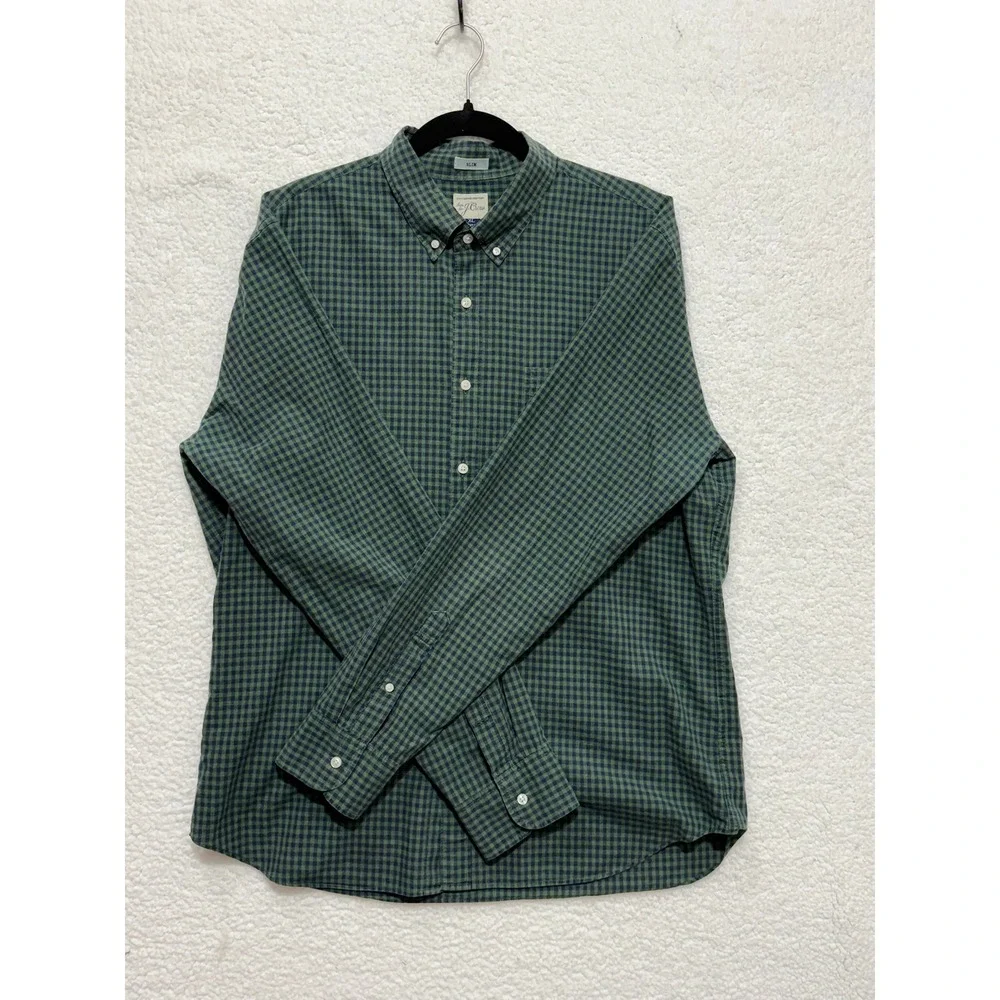 J. Crew Slim Fit Green Navy Gingham Button Down Shirt Mens XL Cotton